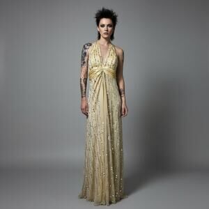 formal y2k size 6 Gold sequin halter neck dress
